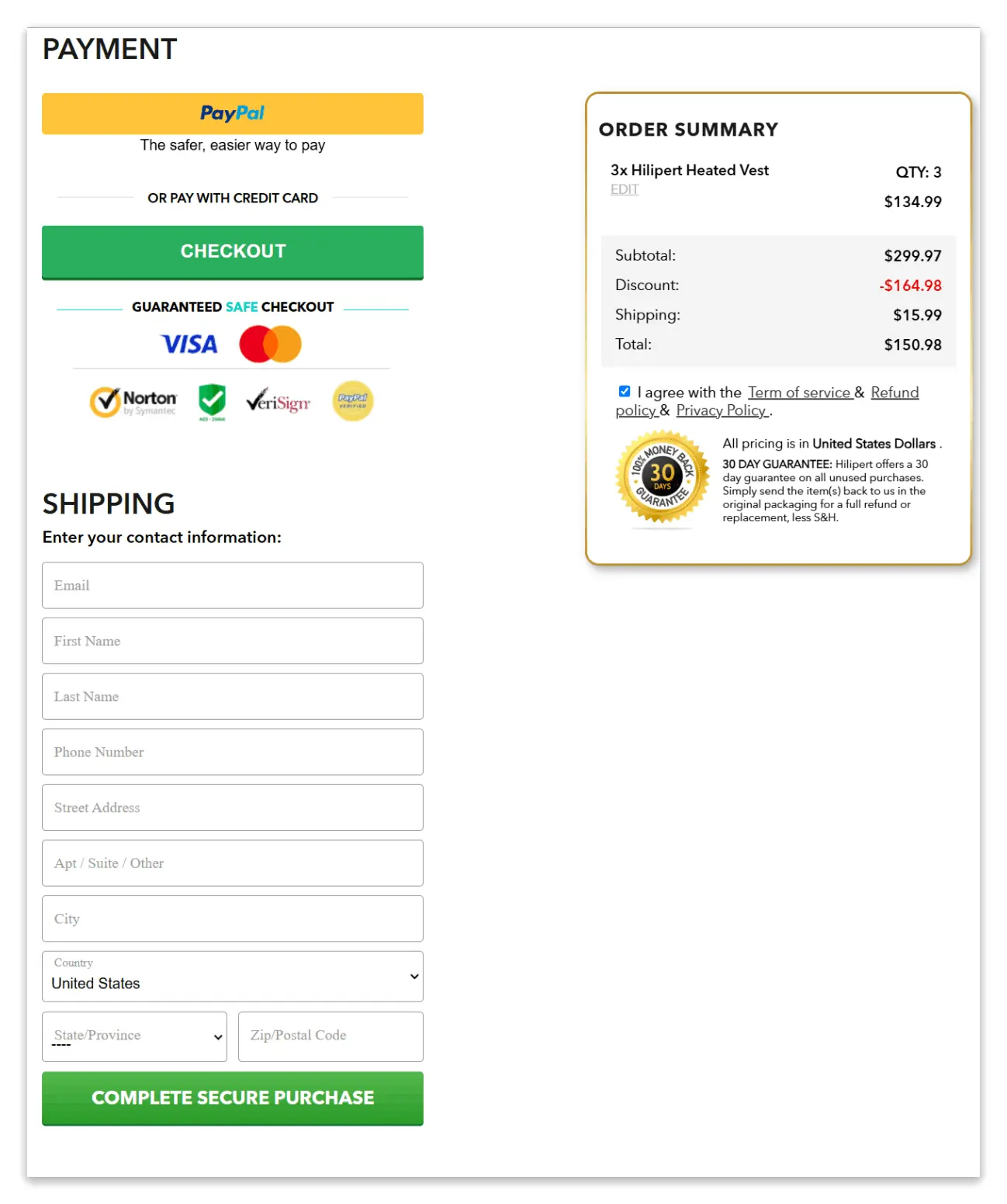Hilipert Heated Vest secure checkout page